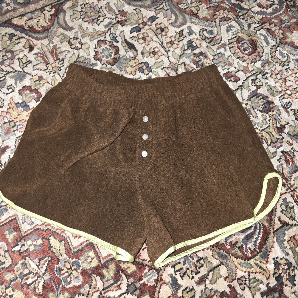 DONNI. Brown Cozy Fleece Shorts with Cream Trim - Picture 2 of 5